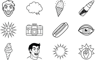 Retro Pop Art Icons Man, Food, Camera, Speech Bubble