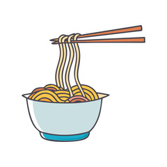 Vector Illustration of Noodles Being Lifted with Chopsticks, A vector illustration of noodles being lifted with chopsticks from a bowl, representing a delicious Asian-inspired meal.

