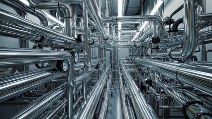 Complex network of stainless steel pipes and pressure gauges running through a modern industrial facility, suggesting a sophisticated manufacturing or processing environment