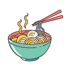 Vector Illustration of Noodles in Bowl with Chopsticks, A vector illustration of a bowl of noodles with chopsticks and steam, representing a delicious and flavorful meal.
