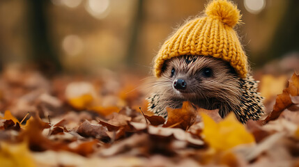 Obraz premium Cute little hedgehog in hat on autumn leaves background.