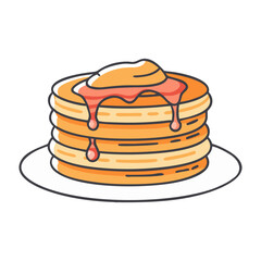 Vector illustration of a stack of pancakes with syrup and butter, A fun vector illustration of a stack of pancakes with syrup and melting butter on top, served on a plate.
