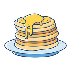 Vector illustration of a stack of pancakes with butter, A colorful vector illustration of a stack of pancakes topped with melting butter, served on a plate.
