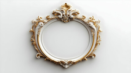3D Illustration Ornate Gold and White Oval Frame, Baroque Style, Empty Space