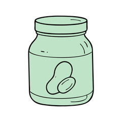 Vector illustration of a peanut butter jar, A simple vector illustration of a jar of peanut butter, featuring a peanut image on the label in a pastel green tone.
