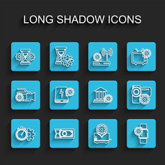 Set line Time management setting, Fast payments, Hourglass, Toaster, Smartwatch, Power bank, Video camera and Bank building icon. Vector