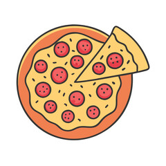 Vector illustration of a pizza with a slice removed, A vector illustration of a pizza with pepperoni, showing a slice removed to reveal the cheesy, savory toppings.
