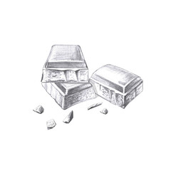 Scattered chocolate pieces. Isolated pencil illustration on food theme for menu design, cookbook, gastronomy magazines and festivals.