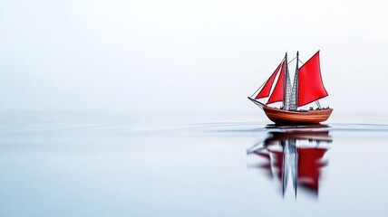 Small sailboat with red sails on calm water