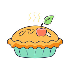 Vector illustration of a fresh apple pie, A colorful vector illustration of a freshly baked apple pie with a small apple and leaf on top, emitting steam.
