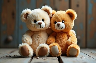 Two teddy bears in a tender relationship on wooden background