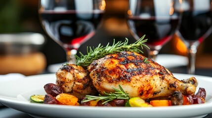 Naklejka premium Grilled Chicken Dish Served with Colorful Vegetables and Red Wine Glasses