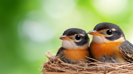 Fototapeta premium Cute Baby Birds in Nest on Soft Green Background with Blurry Bokeh Effect