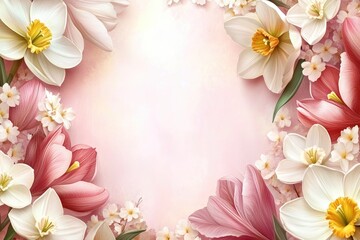 Obraz premium Spring Floral Background with Daffodils and Tulips in Pastel Colors