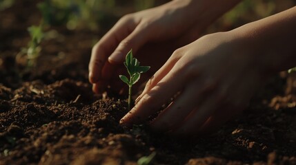 Fototapeta premium Hands delicately planting a young seedling in fertile soil outdoors