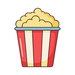 Vector illustration of popcorn in a bucket, A colorful vector illustration of a bucket filled with popcorn, a popular snack for movies or parties.
