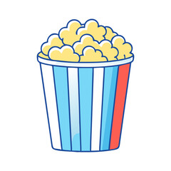 Vector illustration of popcorn in striped bucket, A bright vector illustration of a striped bucket filled with fluffy popcorn, perfect for movie nights or casual snacking.
