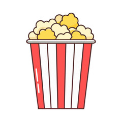 Vector illustration of popcorn in a bucket, A colorful vector illustration of a bucket filled with popcorn, a popular snack for movies or parties.
