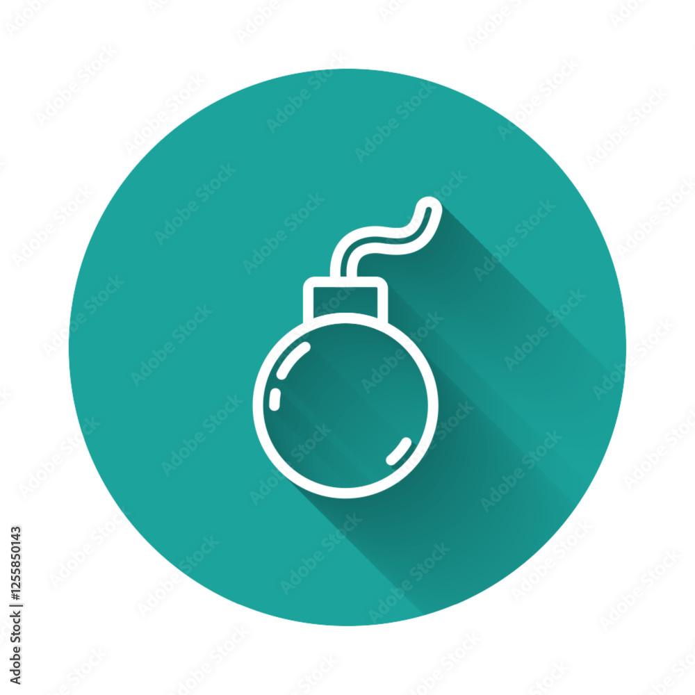 Poster white line bomb ready to explode icon isolated with long shadow. green circle button. vector