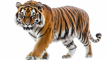 Fototapeta premium Photo Majestic Tiger Stripes Predator Walking Wild Cat Big Cat Orange Fur White Background