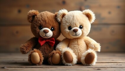 Two teddy bears in a tender relationship on wooden background