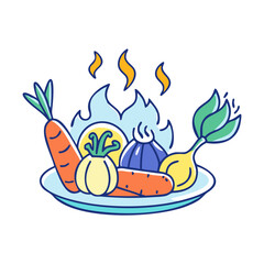 Vector illustration of steaming vegetables plate, A colorful vector illustration of a plate with steaming vegetables like carrots, garlic, and other fresh produce.
