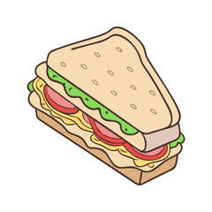Vector illustration of a sandwich with layers, A colorful vector illustration of a sandwich with layers of vegetables, bread, and condiments, ready to be enjoyed.
