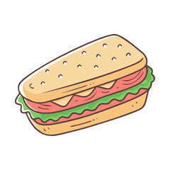 Vector illustration of a sandwich with fillings, A colorful vector illustration of a sandwich filled with lettuce, tomato, and other ingredients, served on soft bread.
