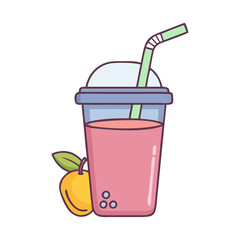 Peach Smoothie Drink with Straw Illustration, A cute illustration of a peach smoothie in a cup with a straw, accompanied by fresh peaches. Bright and playful design.
