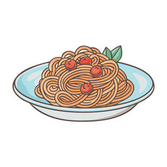 Illustration of a Plate of Spaghetti with Tomatoes, Vector illustration of a plate of spaghetti topped with fresh tomatoes and basil leaves.
