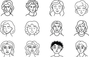Diverse Line Art Portraits Female, Male, Hair Styles, Expressions