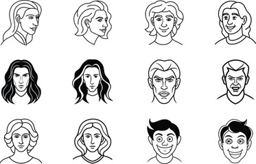 Diverse Line Art Portraits Male, Female, Hairstyles, Expressions, Faces