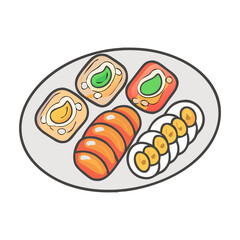 Illustration of a Sushi Plate with Salmon and Rolls, Vector illustration of a sushi plate featuring salmon sushi, rolls with avocado, and sliced sushi pieces.
