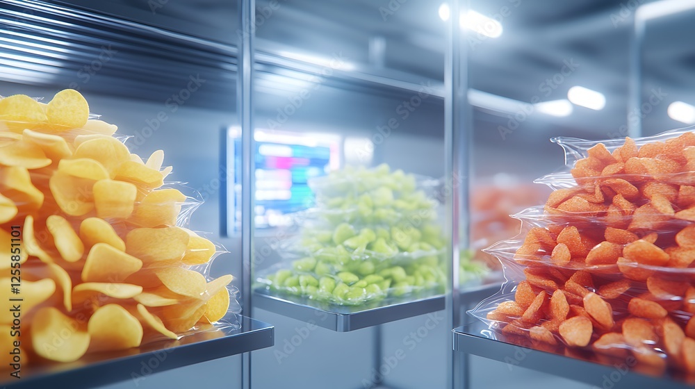 Poster the image features vibrant displays of colorful snacks, including chips and dried fruits, arranged n