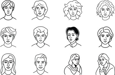 Diverse Male and Female Hairstyle Line Art Portraits Illustrations