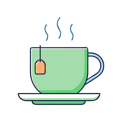 Illustration of a Hot Cup of Tea with Tea Bag, Vector illustration of a steaming cup of tea with a tea bag and a saucer, featuring a soothing design.
