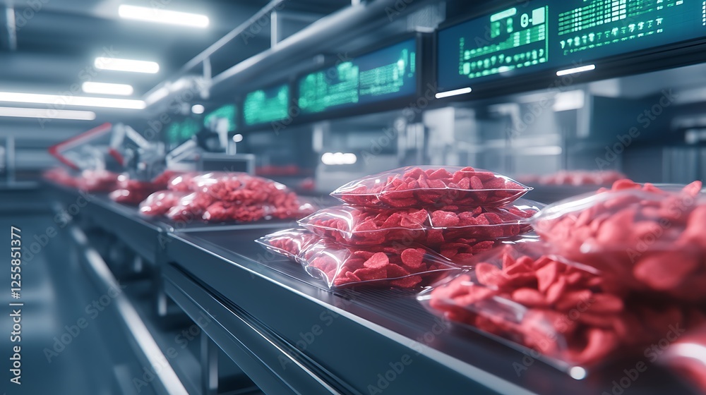 Poster a conveyor belt with neatly packed red items in transparent bags, set in a modern, high-tech process