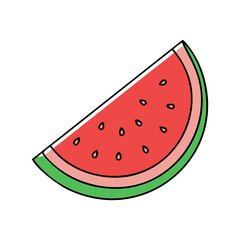 Illustration of a Watermelon Slice, Vector illustration of a slice of watermelon, showing its vibrant red and green colors.
