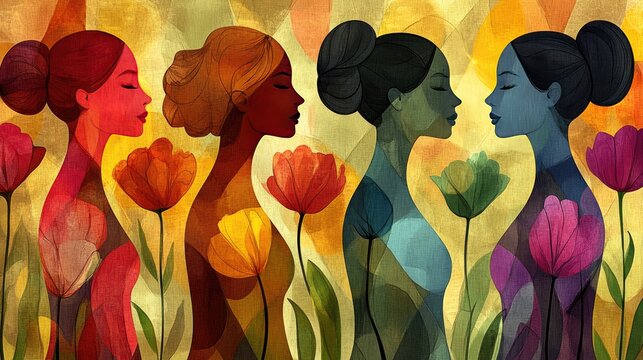 Colorful Silhouettes of Women with Floral Background in Modern Art Style