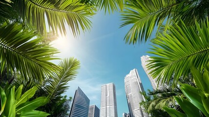 Fototapeta premium Tropical Skyline Framed by Lush Palm Trees Under Sunny Blue Sky