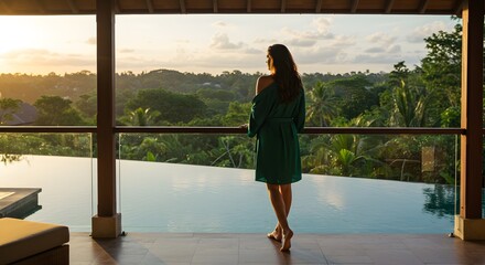Woman Relaxing on Balcony Overlooking Tropical Landscape at Sunset