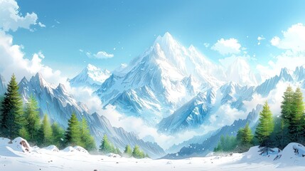 A serene winter landscape featuring majestic snow-capped mountains and evergreen trees.
