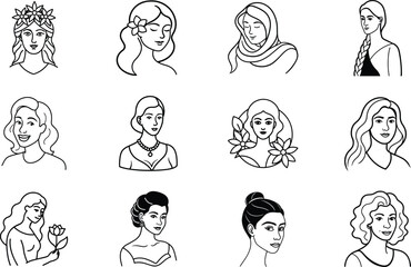Twelve Elegant Line Art Womens Portraits, Diverse Hairstyles, Headshots