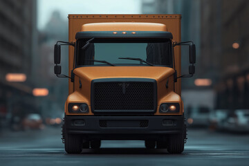A bright yellow delivery truck stands still against a lively city backdrop, surrounded by buildings and a cloudy sky