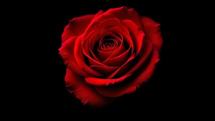 Close-up of a vibrant red rose blooming against a dramatic black background, capturing the essence of love, passion, and timeless beauty with its delicate petals and rich color