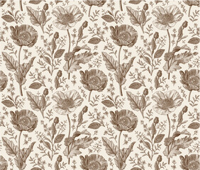 Seamless pattern. Beautiful blooming realistic isolated flowers. Vintage background fabric. Poppy Poppies wildflowers set. Wallpaper baroque. Drawing engraving sketch Vector victorian illustration   © Наталья Лобенко