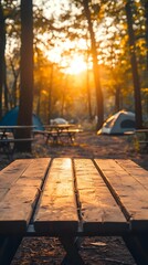 Serene Campsite Under the Warm Glow of a Sunset in a Peaceful Forest Landscape