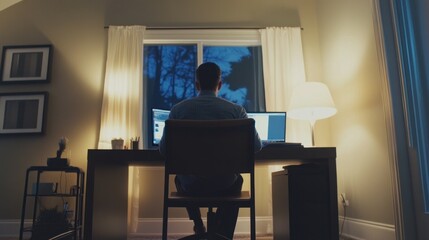 Fototapeta premium Man working on computer at night from home office setup scene