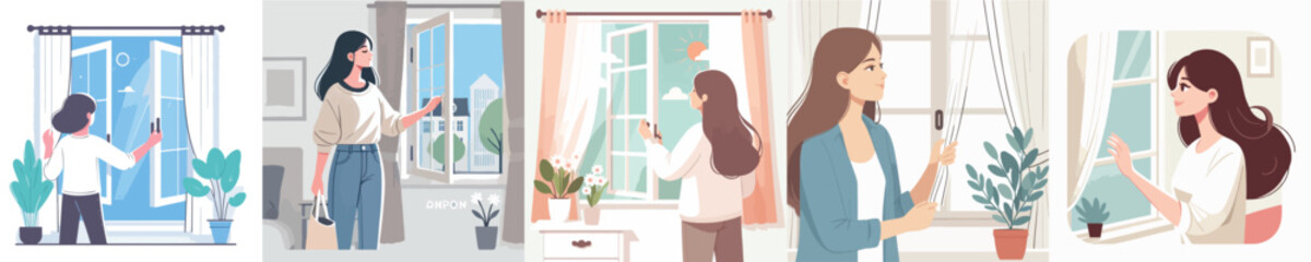a set of vector women opening the window