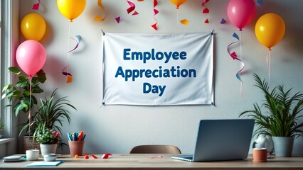 Employee Appreciation Day. Celebrating employee appreciation day with festive decorations and a laptop on the desk